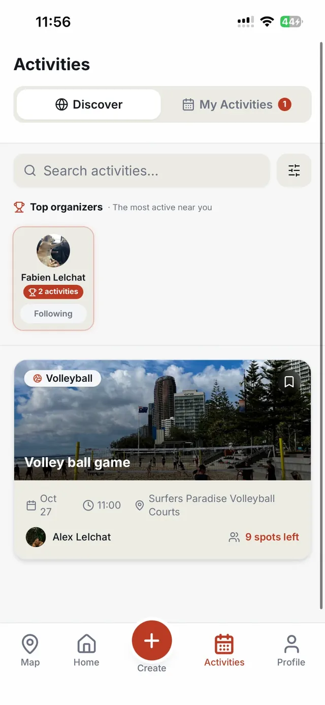 ENORI app list of upcoming activities and top organisers