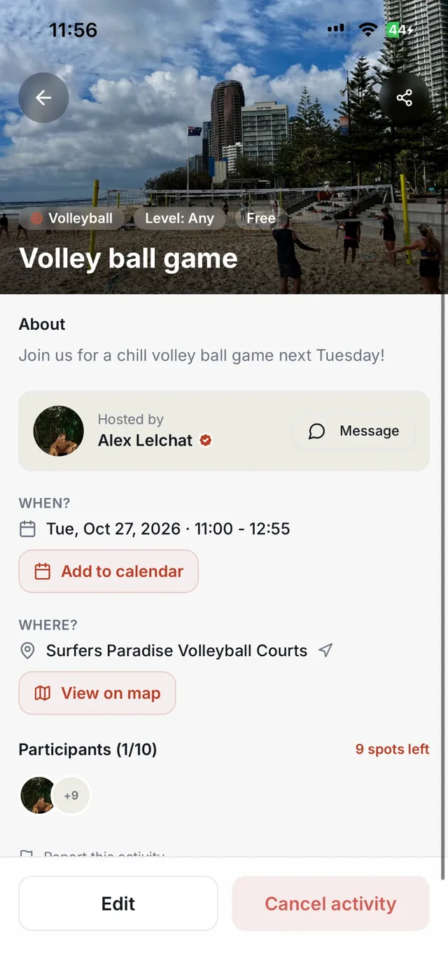 ENORI app activity page for a volleyball game in Surfers Paradise
