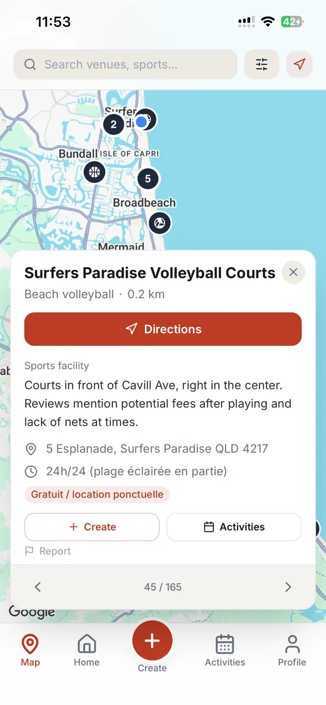 ENORI app map of sports venues in Surfers Paradise and Broadbeach