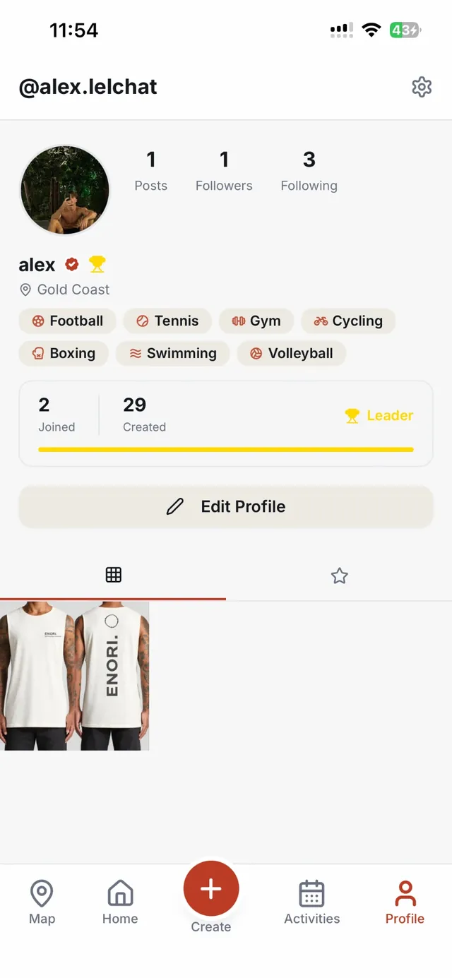 ENORI app player profile with favourite sports and activity stats